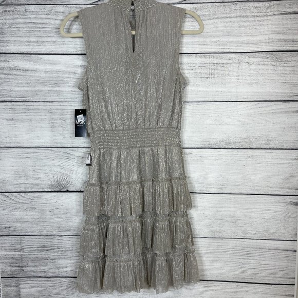 NWT MSK Petites Metallic Silver Gold Knee Cocktail Party Tiered Dress Sz… - Picture 2 of 15